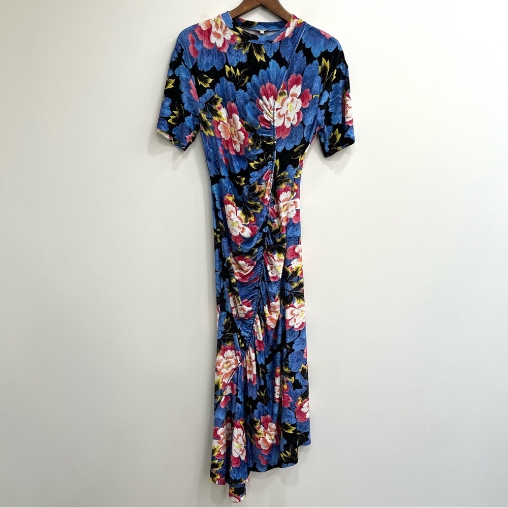 Kenzo Paris blue floral velvet midi dress short sleeve asymmetrical hem small